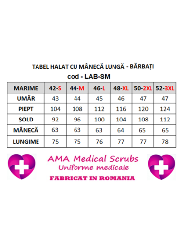 Halat medical laborator, alb maneca lunga, barbati 42 S - 52 3XL