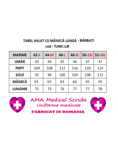 Halat medical barbati alb tunica, maneca lunga, 42 S - 52 3XL