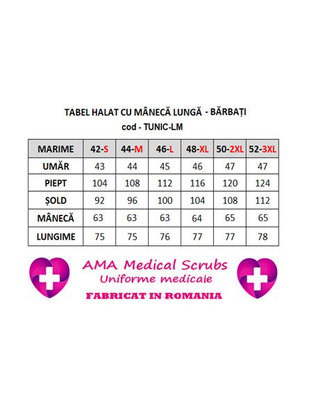Halat medical barbati alb tunica, maneca lunga, 42 S - 52 3XL Halat medical barbati alb tunica, maneca lunga, 42 S - 52 3XL