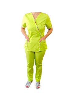 Costum medical dama cu fermoar lime si insertii florale