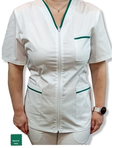 Halat medical alb cu fermoar, tercot elastic, insertie verde spital