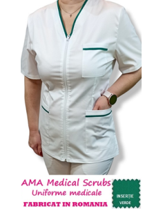 Halat medical alb cu fermoar, tercot elastic, insertie verde spital