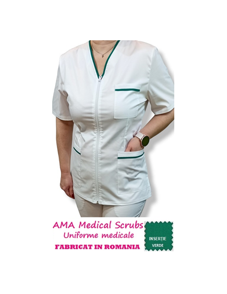 Halat medical alb cu fermoar, tercot elastic, insertie verde spital Halat medical alb cu fermoar, tercot elastic, insertie verde spital