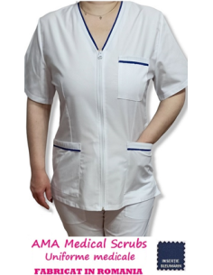 Halat medical alb cu fermoar, insertie bleumarin