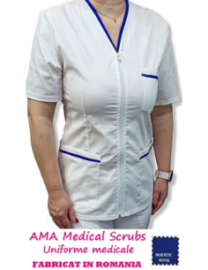 Halat medical alb tercot elastic, insertie albastru royal
