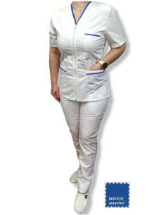 Halat medical alb cu fermoar, tercot elastic, insertie albastra 2