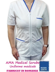 Halat medical alb cu fermoar, tercot elastic, insertie albastra