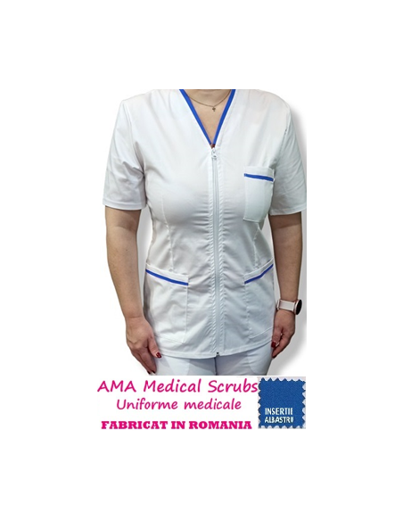 Halat medical alb cu fermoar, tercot elastic, insertie albastra Halat medical alb cu fermoar, tercot elastic, insertie albastra