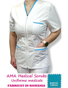 Halat medical alb cu fermoar, tercot elastic, insertie turcoaz