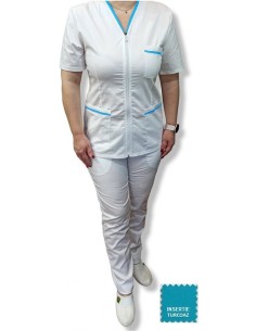 Halat medical alb cu fermoar, tercot elastic, insertie turcoaz 2