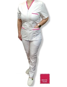 Halat medical alb cu fermoar, tercot elastic, insertie ciclam 2