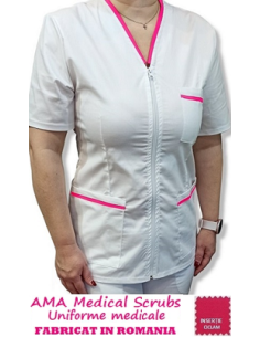 Halat medical alb cu fermoar, tercot elastic, insertie ciclam