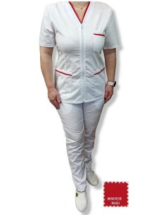 Halat medical alb cu fermoar, tercot elastic, insertie rosie 2