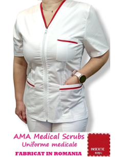 Halat medical alb cu fermoar, tercot elastic, insertie rosie