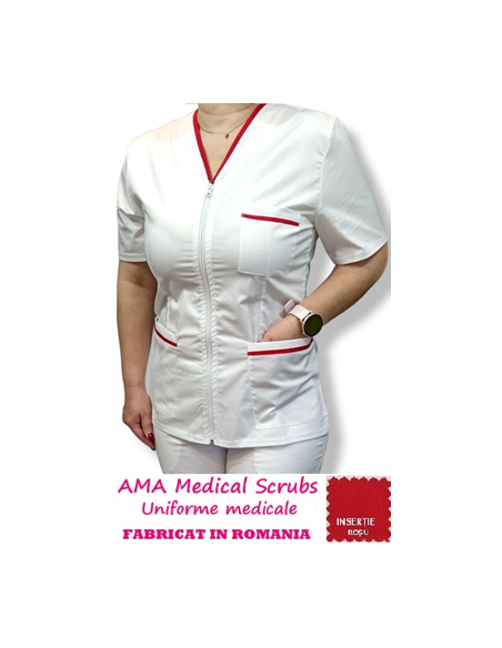 Halat medical alb cu fermoar, tercot elastic, insertie rosie Halat medical alb cu fermoar, tercot elastic, insertie rosie