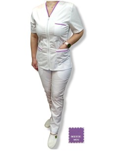 Halat medical alb cu fermoar, tercot elastic, insertie mov 2