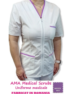 Halat medical alb cu fermoar, tercot elastic, insertie mov