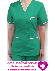 Halat medical cu fermoar, tercot elastic verde spital, insertie alba