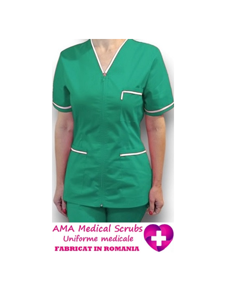 Halat medical cu fermoar, tercot elastic verde spital, insertie alba Halat medical cu fermoar, tercot elastic verde spital, insertie alba