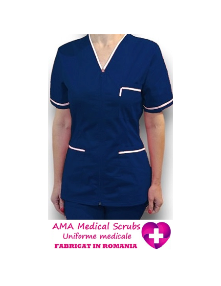 Halat medical cu fermoar, tercot elastic bleumarin, insertie alba Halat medical cu fermoar, tercot elastic bleumarin, insertie alba