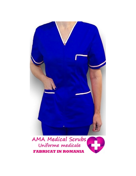 Halat medical cu fermoar, tercot elastic albastru royal, insertie alba Halat medical cu fermoar, tercot elastic albastru royal, insertie alba