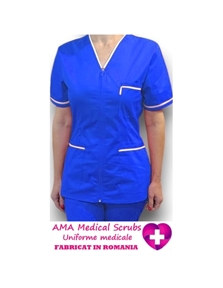 Halat medical cu fermoar, tercot elastic albastru, insertie alba Halat medical cu fermoar, tercot elastic albastru, insertie alba