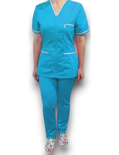 Halat medical cu fermoar, tercot elastic turcoaz, insertie alba 2