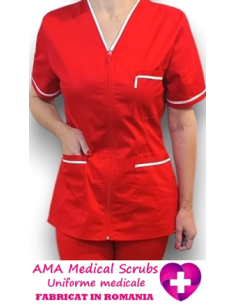 Halat medical rosu tercot elastic, halat rosu cu fermoar, insertie alba, pantaloni rosii