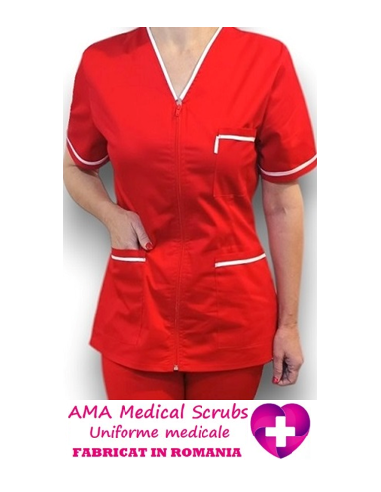 Halat medical rosu tercot elastic, halat rosu cu fermoar, insertie alba, pantaloni rosii