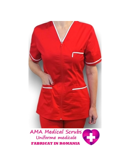 Halat medical rosu tercot elastic, halat rosu cu fermoar, insertie alba, pantaloni rosii Halat medical rosu tercot elastic, halat rosu cu fermoar, insertie alba, pantaloni rosii