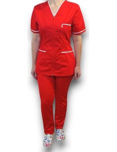Halat medical rosu tercot elastic, halat rosu cu fermoar, insertie alba, pantaloni rosii 2