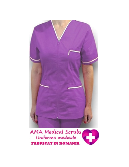Halat medical cu fermoar, tercot mov, insertie alba Halat medical cu fermoar, tercot mov, insertie alba