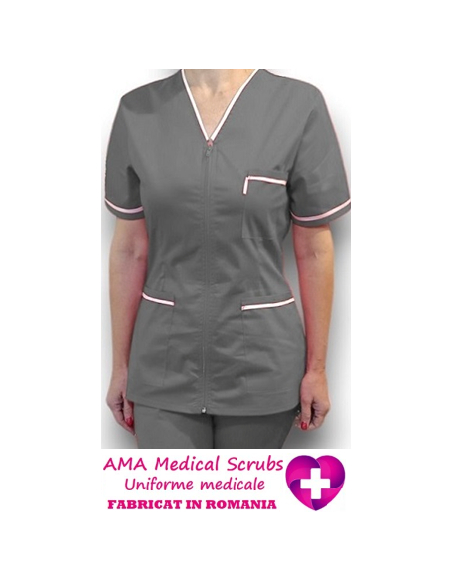 Halat medical cu fermoar, tercot elastic gri, insertie alba Halat medical cu fermoar, tercot elastic gri, insertie alba