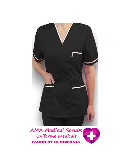 Halat medical cu fermoar, tercot elastic negru, insertie alba Halat medical cu fermoar, tercot elastic negru, insertie alba