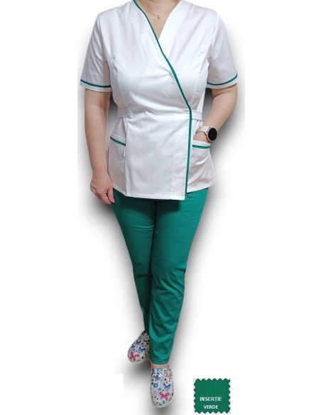 Halat medical Kimono, alb cu insertie verde, din tercot elastic Halat medical Kimono, alb cu insertie verde, din tercot elastic