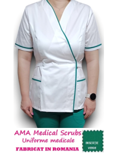 Halat medical Kimono, alb cu insertie verde, din tercot elastic