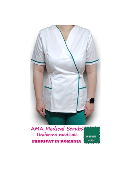 Halat medical Kimono, alb cu insertie verde, din tercot elastic Halat medical Kimono, alb cu insertie verde, din tercot elastic