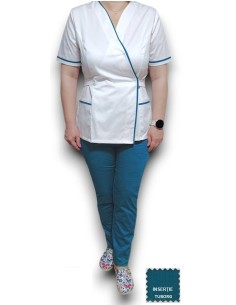 Halat medical Kimono alb, insertie verde tuborg, din tercot elastic 2