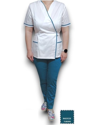 Halat medical Kimono alb, insertie verde tuborg, din tercot elastic
