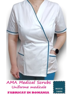 Halat medical Kimono alb, insertie verde tuborg, din tercot elastic