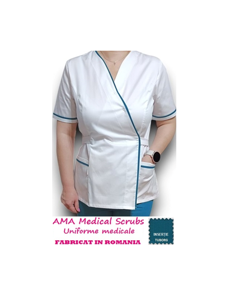 Halat medical Kimono alb, insertie verde tuborg, din tercot elastic Halat medical Kimono alb, insertie verde tuborg, din tercot elastic