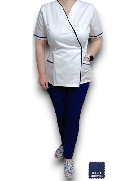 Halat kimono alb cu insertie bleumarin Halat kimono alb cu insertie bleumarin