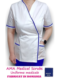 Halat medical Kimono alb insertie albastru royal, din tercot