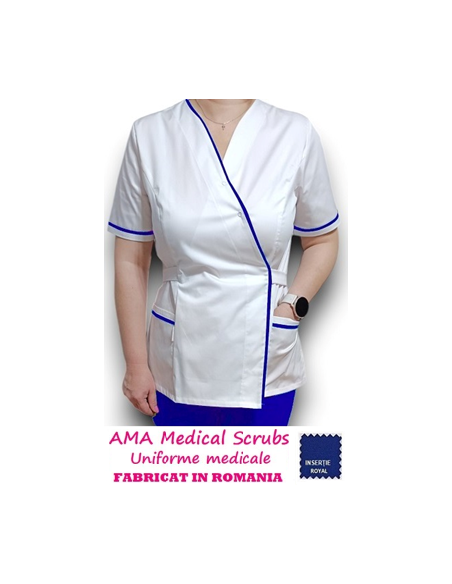 Halat medical Kimono alb insertie albastru royal, din tercot Halat medical Kimono alb insertie albastru royal, din tercot