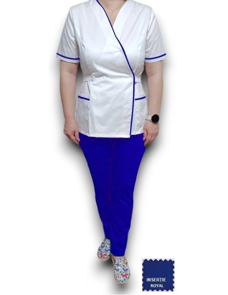 Halat medical Kimono alb insertie albastru royal, din tercot Halat medical Kimono alb insertie albastru royal, din tercot