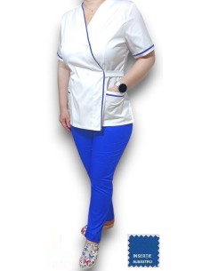 Halat medical Kimono alb insertie albastra, din tercot elastic 2