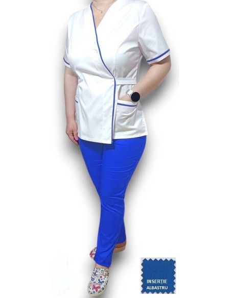 Halat medical Kimono alb insertie albastra, din tercot elastic Halat medical Kimono alb insertie albastra, din tercot elastic