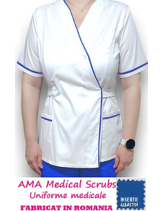 Halat medical Kimono alb insertie albastra, din tercot elastic