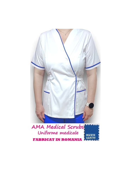 Halat medical Kimono alb insertie albastra, din tercot elastic Halat medical Kimono alb insertie albastra, din tercot elastic