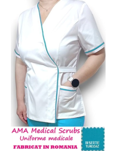 Halat medical Kimono alb insertie turcoaz, din tercot elastic